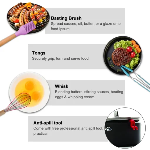Silicone Kitchen Set with Wooden Handle and Storage Cup (12 Pcs) - Image 7