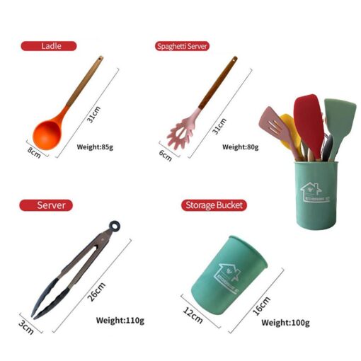 Silicone Kitchen Set with Wooden Handle and Storage Cup (12 Pcs) - Image 11