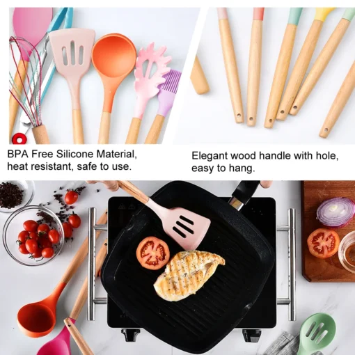 Silicone Kitchen Set with Wooden Handle and Storage Cup (12 Pcs) - Image 10