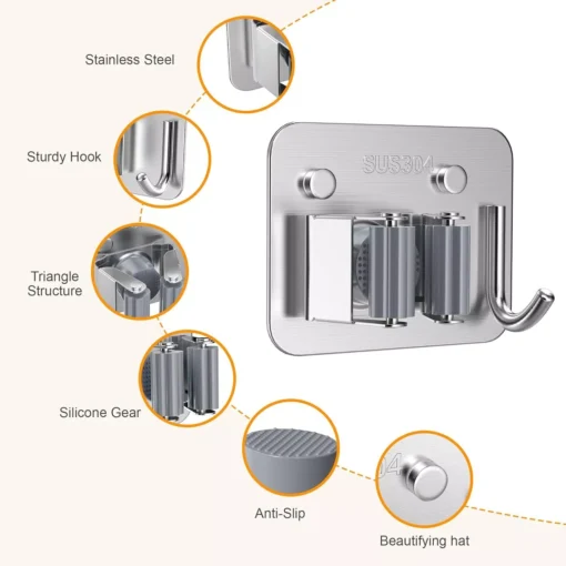 Stainless Steel Mop Holder with Hook - Image 2