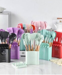 Silicone Cooking Wooden handle Spoon Set with Spoon Rest