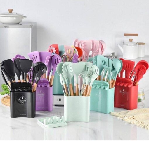 Silicone Cooking Wooden handle Spoon Set with Spoon Rest