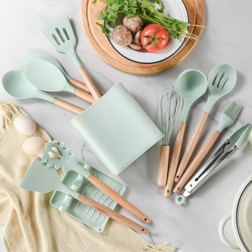 Silicone Cooking Wooden handle Spoon Set with Spoon Rest - Image 2