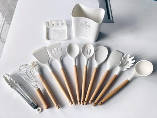 Silicone Cooking Wooden handle Spoon Set with Spoon Rest - Image 5