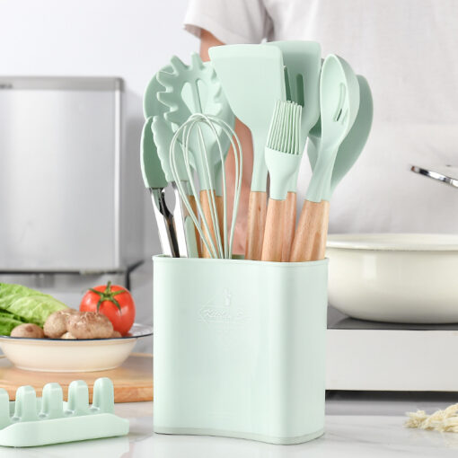 Silicone Cooking Wooden handle Spoon Set with Spoon Rest - Image 4