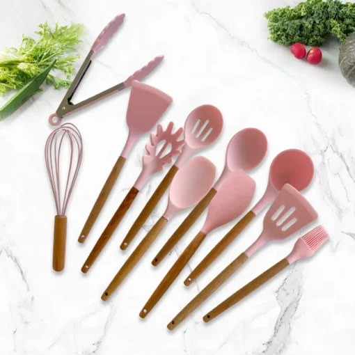 Silicone Kitchen Set with Wooden Handle and Storage Cup (12 Pcs) - Image 6