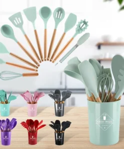 Silicone Kitchen Set with Wooden Handle and Storage Cup (12 Pcs)