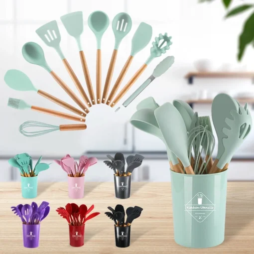 Silicone Kitchen Set with Wooden Handle and Storage Cup (12 Pcs)