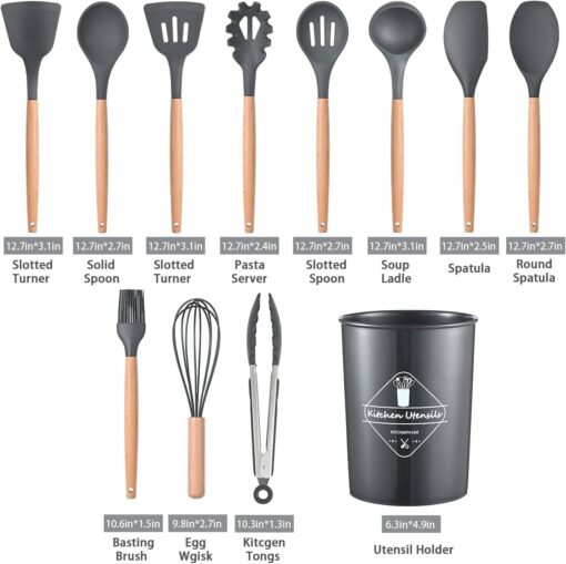 Silicone Kitchen Set with Wooden Handle and Storage Cup (12 Pcs) - Image 2
