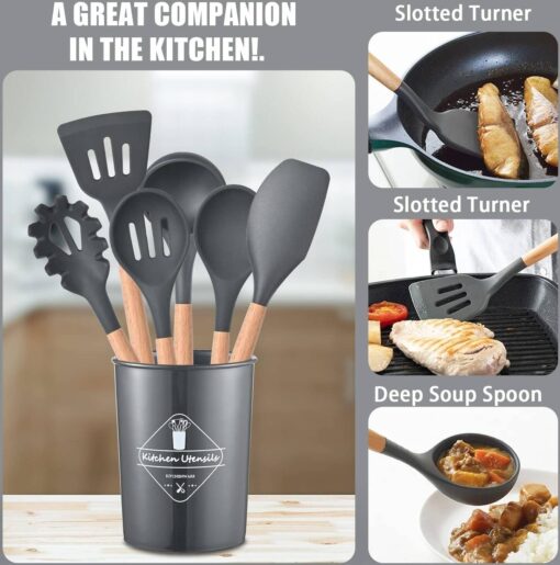 Silicone Kitchen Set with Wooden Handle and Storage Cup (12 Pcs) - Image 13