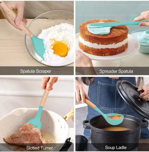 Silicone Kitchen Set with Wooden Handle and Storage Cup (12 Pcs) - Image 12