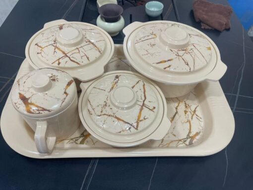 Marble Designed Unbreakable Covered Bowl Set, with Tray and Cup (A)